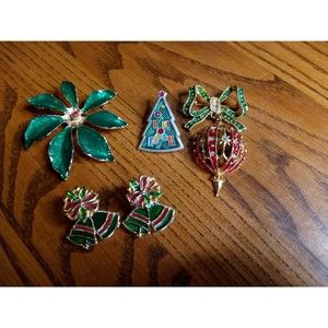 Vintage Christmas Brooch LOT 3 and 1 Pair‎ Earrings